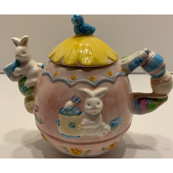Easter Egg Ceramic Pink Teapot Bunnies and Bluebird - Picture 1 of 9